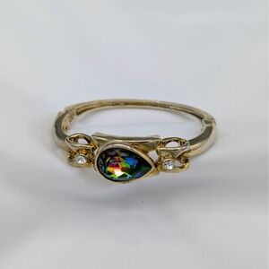 Estate Vintage Mystic Topaz Teardrop Glass Clamper Bracelet Gold Tone 6.5"